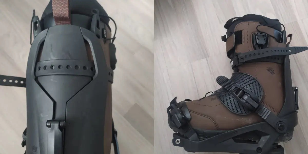 Ein Snowboardboot wird mit einem Strap am Highback der Splitboardbindunge befestigt, um den Seitenhalt bei Traversen zu verbessern