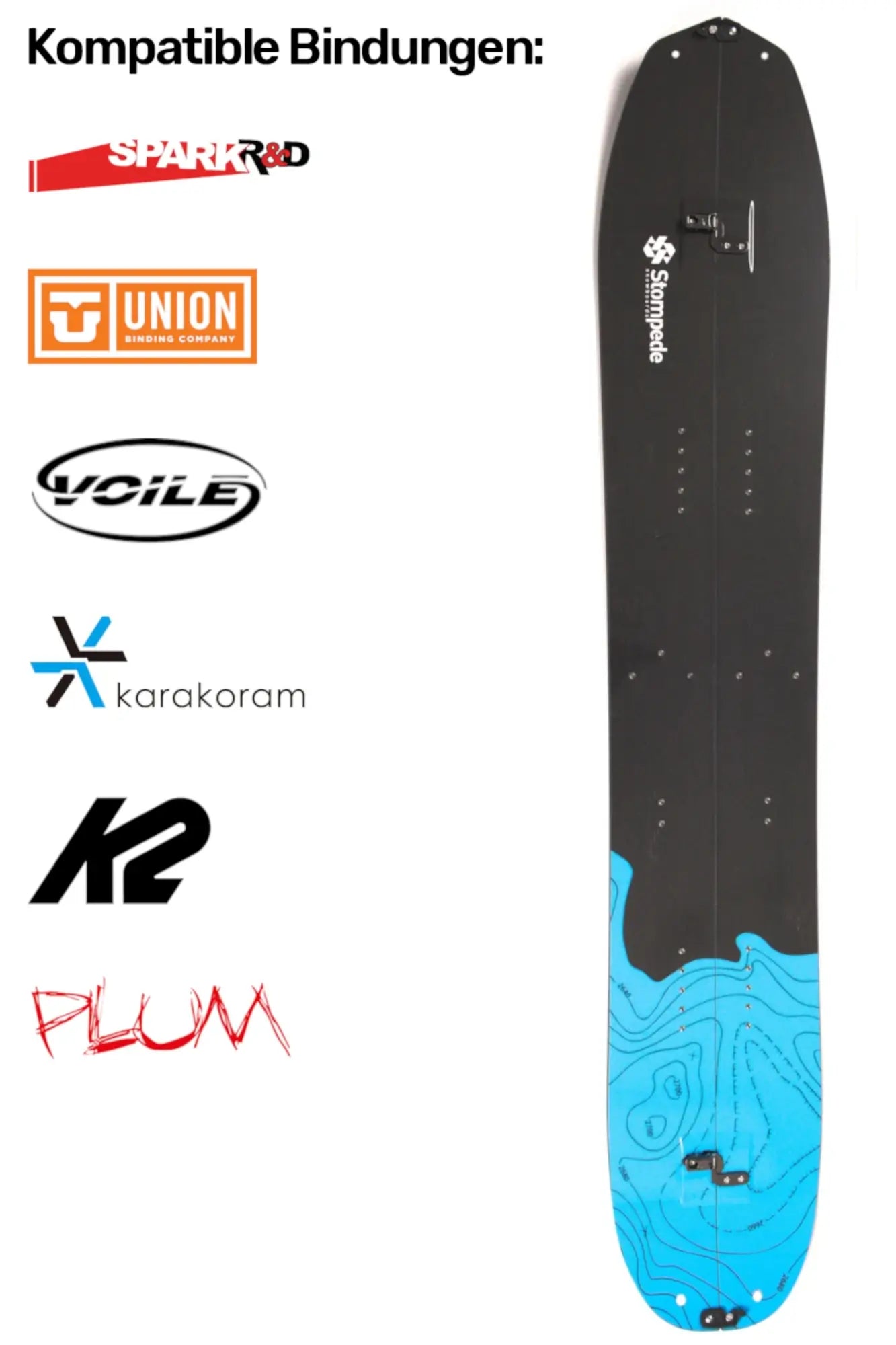 Auflistung kompatibler Splitboardbindungen für das Stompede Dawn Patrol Splitboard