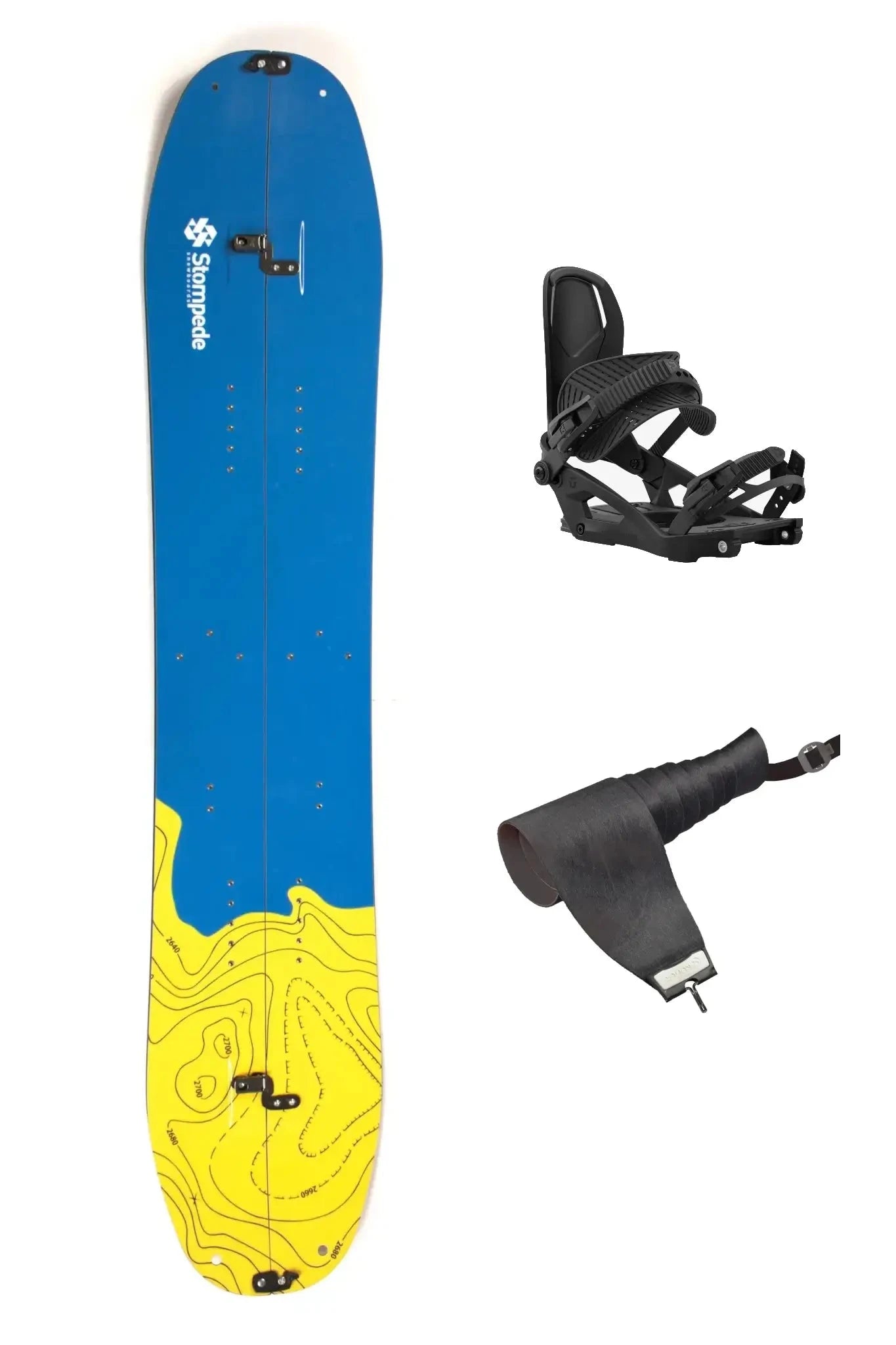 Splitboard Komplettset, bestehend aus Stompede Airtime, Union Charger Splitboardbindung und Fellen