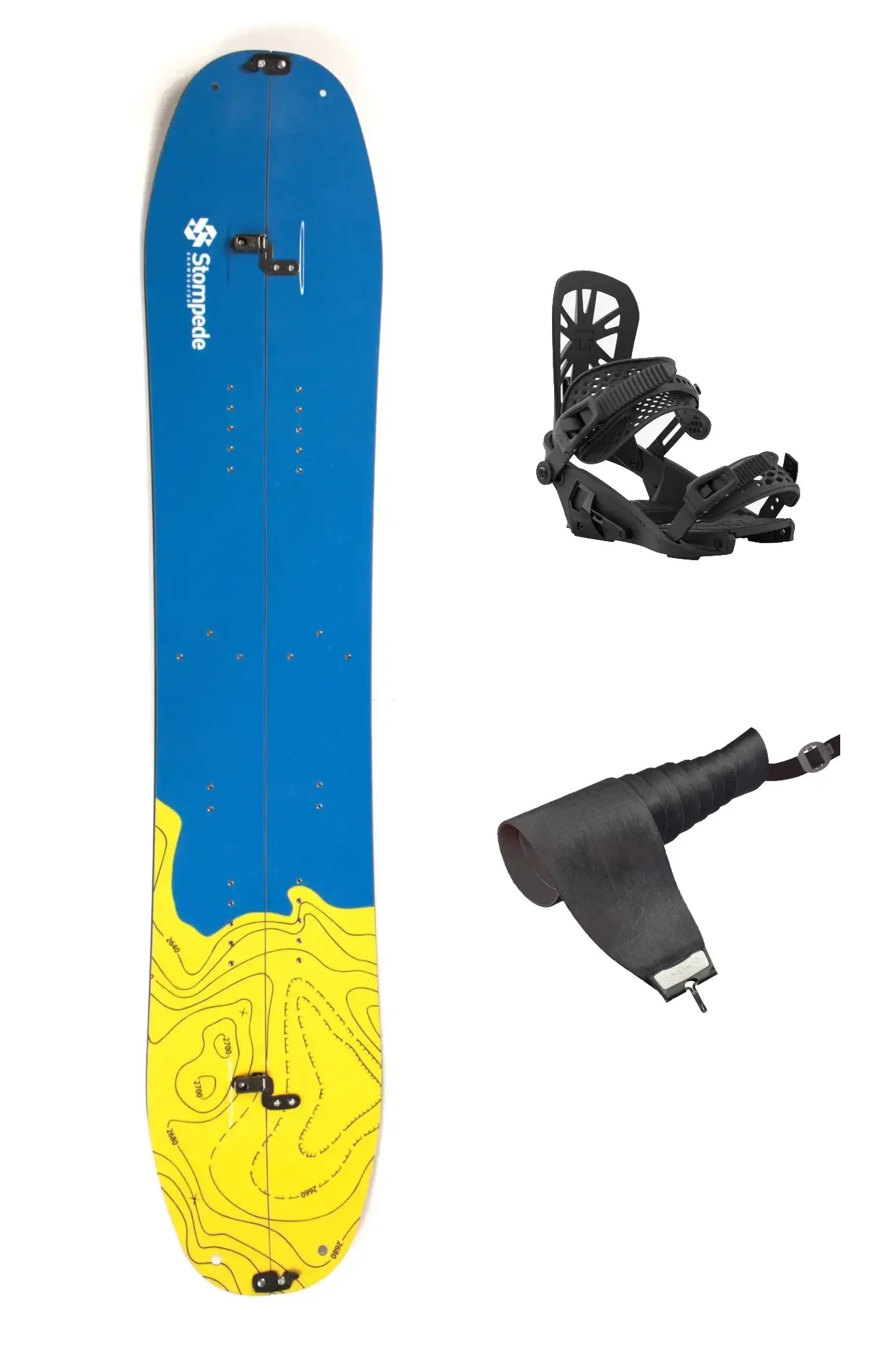 Splitboard Komplettset, bestehend aus Stompede Airtime, Union Explorer Splitboardbindung und Fellen