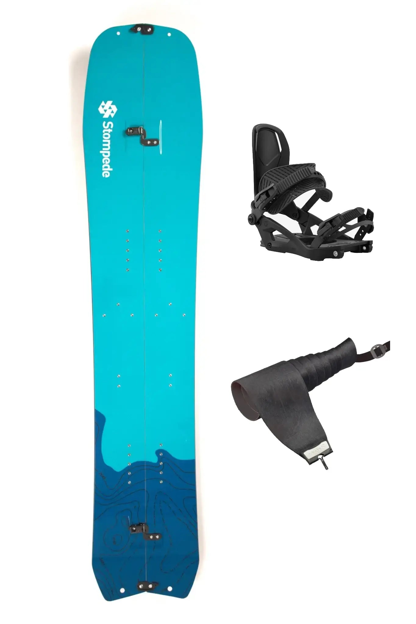 Splitboard Komplettset, bestehend aus Stompede Nordstau, Union Charger Splitboardbindung und Fellen