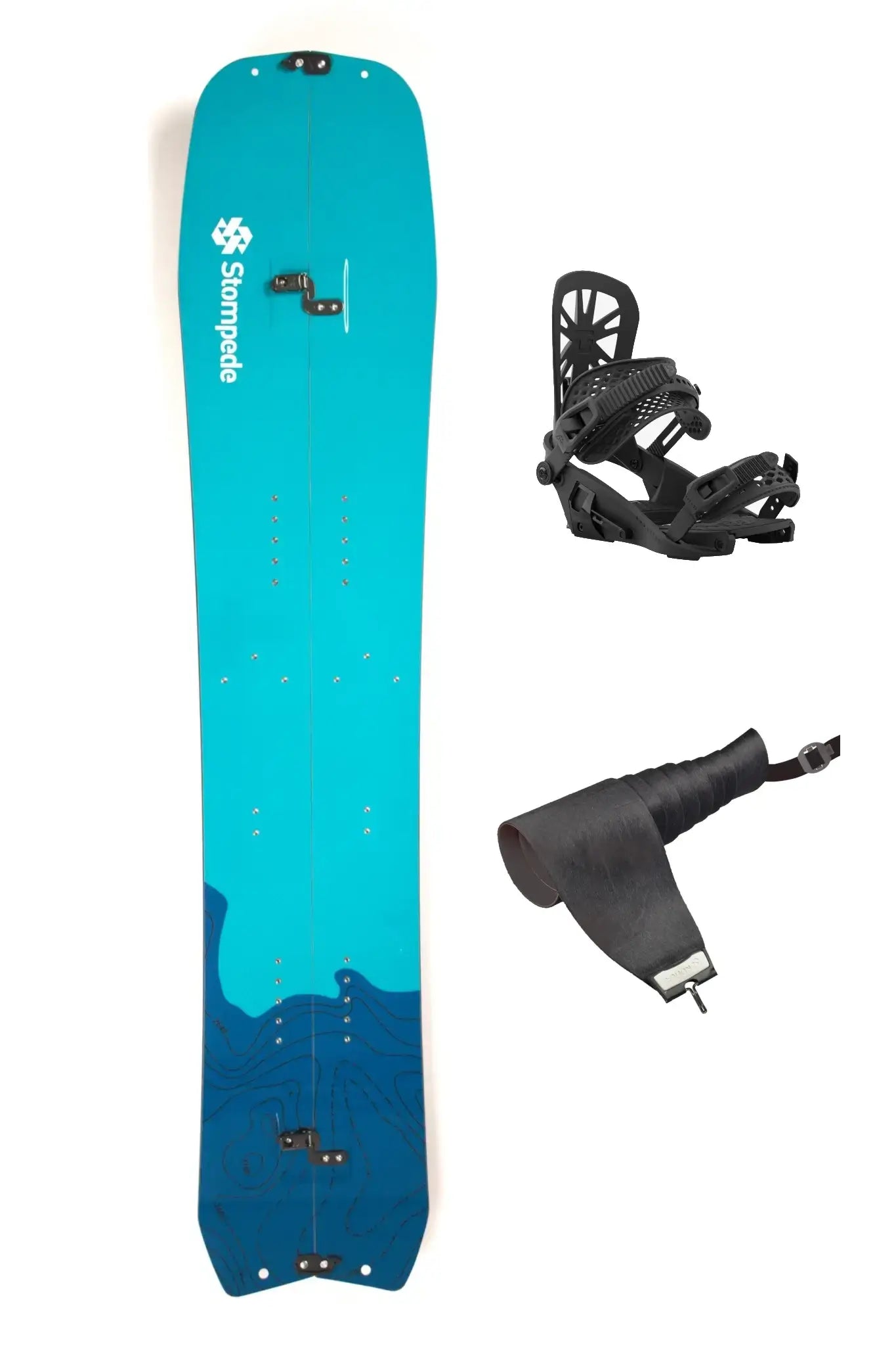 Splitboard Komplettset, bestehend aus Stompede Nordstau, Union Explorer Splitboardbindung und Fellen